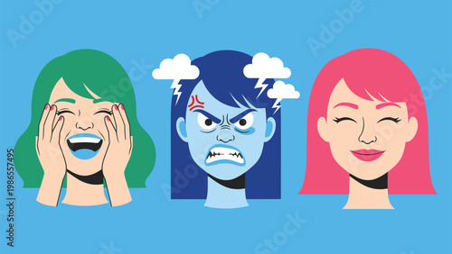 Comparison of different facial expressions illustrates human emotions ranging from laughter to intense anger and happiness.