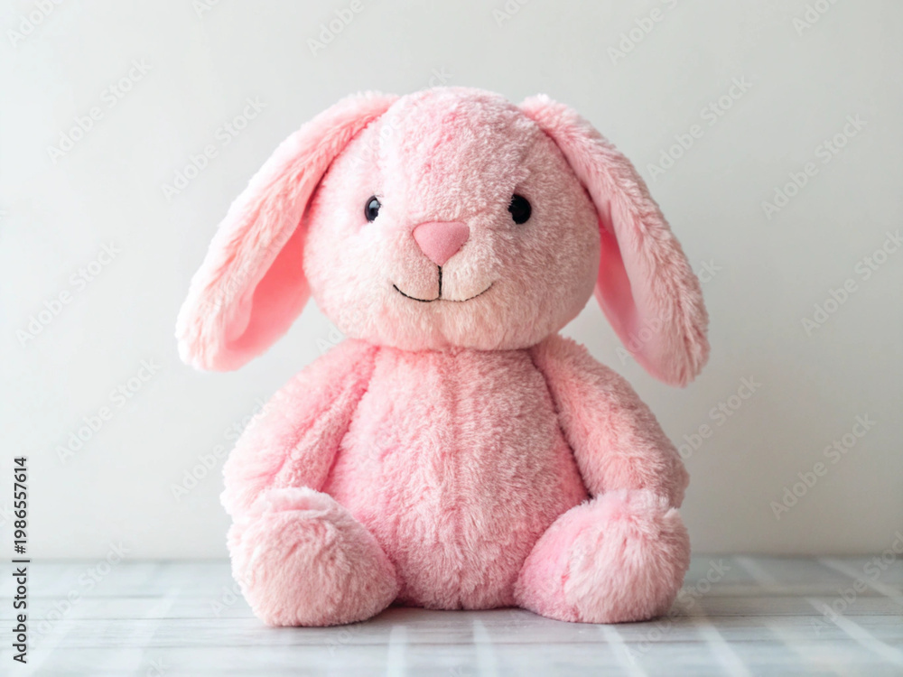Fototapeta premium Adorable pink bunny plush toy PNG isolated on transparent background, soft stuffed animal for kids and baby room decor