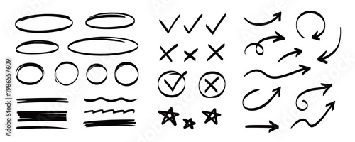Arrow, underline, circle frame marker line set. Line marker hand drawn pen brush stroke sketch arrow, circle, highlight element. Doodle check, cross, star frame icons. Vector illustration