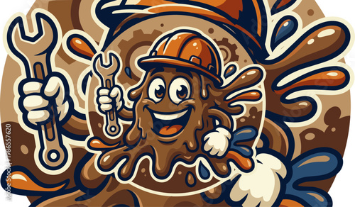 Cartoon Mud Monster Construction Worker Character.