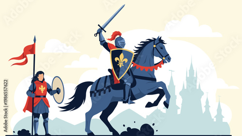 Brave medieval knight on a rearing horse prepares for battle in front of a distant fairy tale castle during the middle ages.