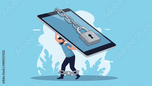 Determined man carries a giant locked smartphone representing the burden and importance of mobile data privacy and security.