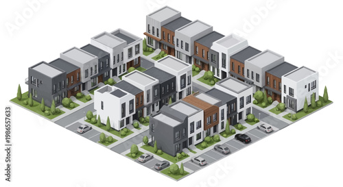 Isometric vector illustration showcases a residential neighborhood with modern townhouses arranged in a square, complete with miniature trees, streets, and vehicles, all rendered