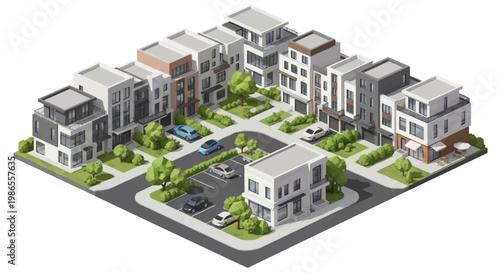 Isometric vector illustration showcases a modern residential neighborhood with contemporary townhouses and cars parked along tree-lined streets, set against a clean white background