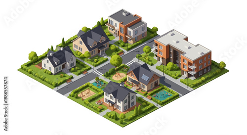 Isometric vector illustration showing a neighborhood block with various houses, neatly arranged in a grid layout with green lawns and trees, rendered with a clean, cartoon-like style