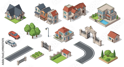 Isometric vector illustration featuring assorted houses, cars, and roads arranged on a white background, presented in a cartoonish style with clean lines and muted colors