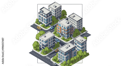 Isometric illustration of a small urban community with modern buildings and tree-lined streets, rendered in a clean, vector style with soft shadows, creating a peaceful and organized