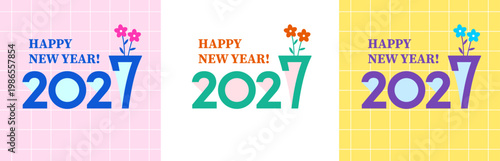 2027 ロゴ　レトロ可愛い年賀状　