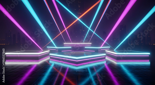 Vibrant neon light show on a futuristic stage with glowing geometric platforms and crisscrossing laser beams, creating an electrifying atmosphere for a virtual performance or event