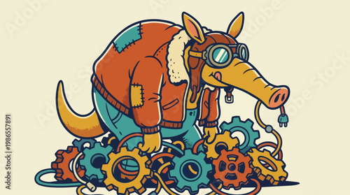 Steampunk cow with goggles and gears.