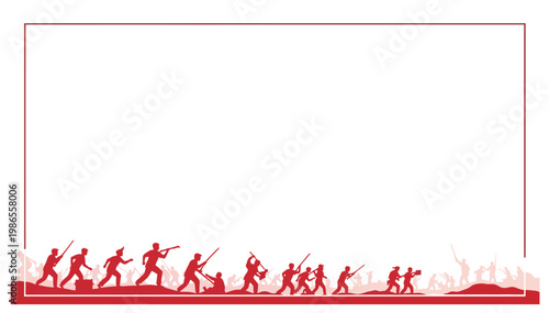 Graphic depiction of red silhouetted soldiers in a dynamic battle scene, framed against a white background, symbolizing historical conflict, valor, and unwavering military engagement