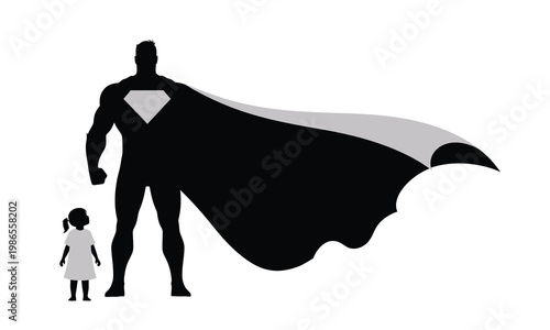 A commanding caped silhouette of a strong adult stands protectively beside a small child, symbolizing the powerful, silent hero and guardian figure in their life