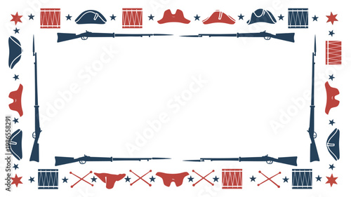 Revolutionary War Border Design with Patriotic Symbols, Historical Military Arms and Headwear