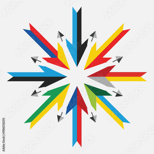 A colorful abstract graphic of arrows radiating from a central point