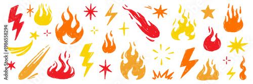 Fire flame icon doodle set. Hand drawn fire flame brush scribble grunge chalk texture shape graphic. Lightning bolt explosion energy blast power sticker rock burst. Vector illustration