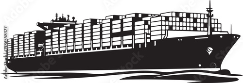 Cargo ship, container vessel, freight boat, black and white illustration, vector graphic