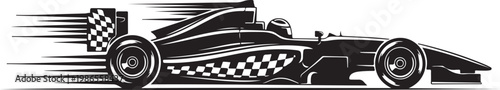 Racing car vector, speeding racecar, checkered flag design, black and white illustration