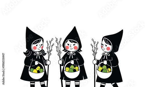 Three charming little girls in black hoods holding baskets with colorful eggs and willow branches, celebrating Easter traditions in a whimsical illustration