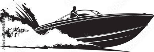 Speedboat, racing boat, black silhouette, vector illustration, water sports, nautical design element