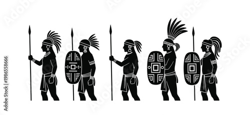 Illustrative depiction of a stylized group of ancient warriors standing in formation, holding shields and spears in black and white