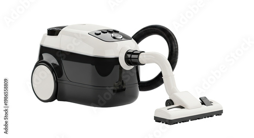 Modern Black and White Canister Vacuum Cleaner with Hose and Floor Head