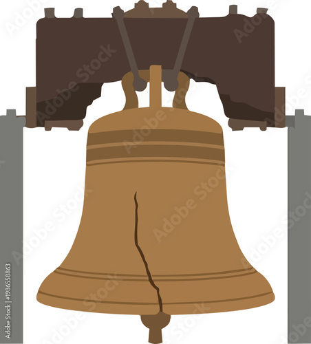 Cracked bronze church bell hanging with wooden yoke.