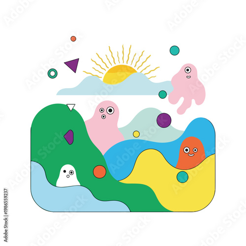 A colorful abstract illustration of creatures and landscape