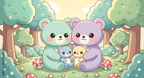 Love in the Enchanted Grove: A heartwarming scene unfolds as a family of adorable bears embrace in a mystical forest, their love radiates warmth.