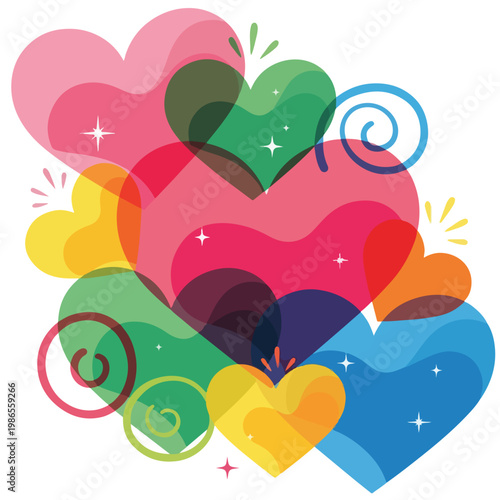 A colorful abstract illustration of multiple hearts with sparkles