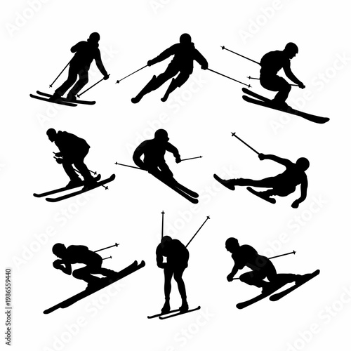 black silhouette ski set with various styles.