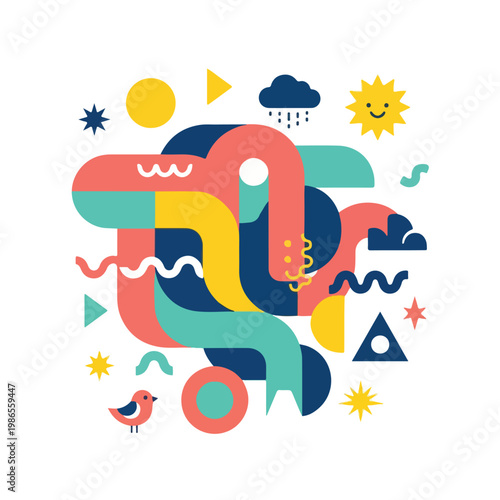 A colorful abstract illustration with various shapes