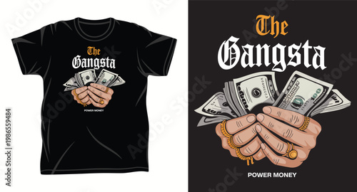 Gangsta style vector illustration of hands holding money cash bundles for t-shirt design.