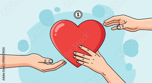 Hands of Compassion: Symbolic illustration of hearts being offered and money is given out, representing acts of charity, kindness, and support.