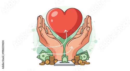 Generosity in Action: A heartfelt illustration showcasing the act of giving. With two hands cradling a heart and offering donations, it captures the essence of charity and compassion. 