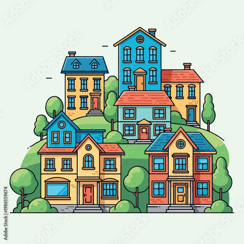 A colorful cartoon illustration of a hillside neighborhood with six houses