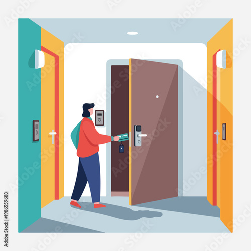 colorful flat vector illustration of guest opening hotel room door with key card,