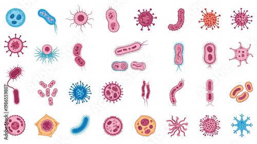 Large collection of diverse microscopic biological organisms including bacteria, viruses, cells, and germs in pink and blue colors.