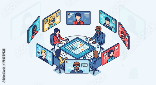 Virtual Meeting Dynamics: A modern, interconnected office meeting showcases the power of remote collaboration, with individuals participating from various locations via video conference
