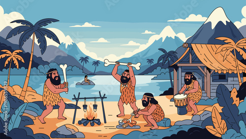 Scenes from prehistoric life showing cavemen cooking over a fire, playing music, and hunting on a tropical beach near mountains.