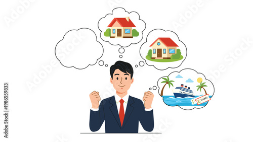 Happy businessman thinking about his future goals including a new house, a luxury cruise vacation, and financial success.
