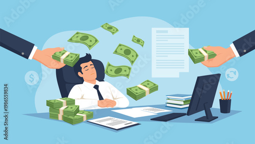 Relaxed businessman sleeping at his desk while hands from off-screen offer him stacks of cash representing passive income.