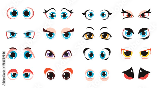 Set of expressive cartoon eyes featuring various shapes, colors, and emotions ranging from happy to angry and sad.