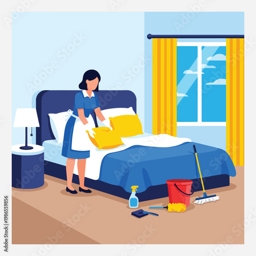 colorful flat vector illustration of hotel housekeeping cleaning room