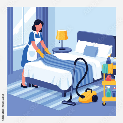 colorful flat vector illustration of hotel housekeeping cleaning room