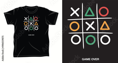 T shirt design with tic tac toe game board and symbols on black background vector.