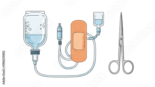 Selection of essential medical equipment featuring an intravenous drip bag, a large adhesive bandage, and surgical scissors.