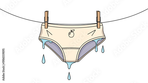 Pair of beige women underwear hanging on a clothesline with fresh water droplets dripping from the fabric to dry.