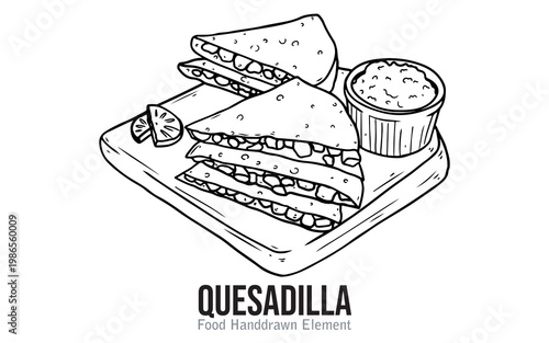 Hand-drawn line art illustration of delicious quesadillas served on a wooden board with a side of dip and a fresh lime wedge, showcasing a popular Mexican food item.