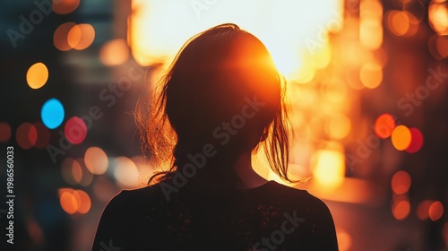 Back view of silhouette figure against glowing urban backdrop at sunset
