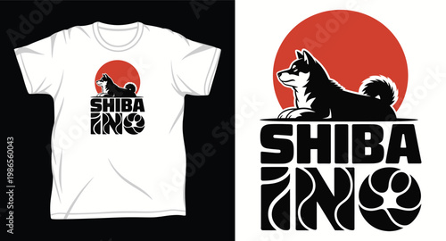 Shiba inu dog illustration with Japanese sun symbol and bold text.